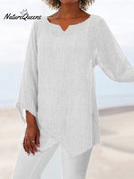 Jfn Cotton & Linen Asymmetric Hem Loose Fit Long Sleeve Shirts Tunic Top White / S(4)