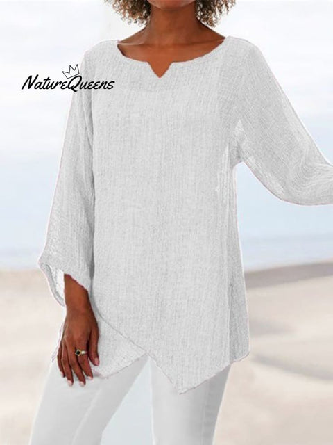 Jfn Cotton & Linen Asymmetric Hem Loose Fit Long Sleeve Shirts Tunic Top White / S(4)