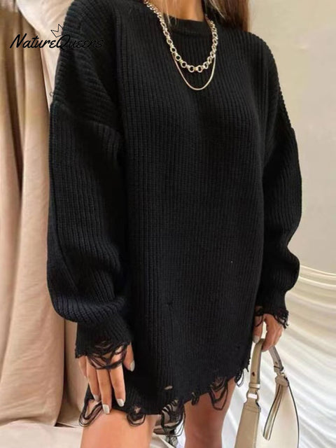 Women's Stylish Solid Color Round Neck Long Sleeve Hem Ripped Loose Sweater