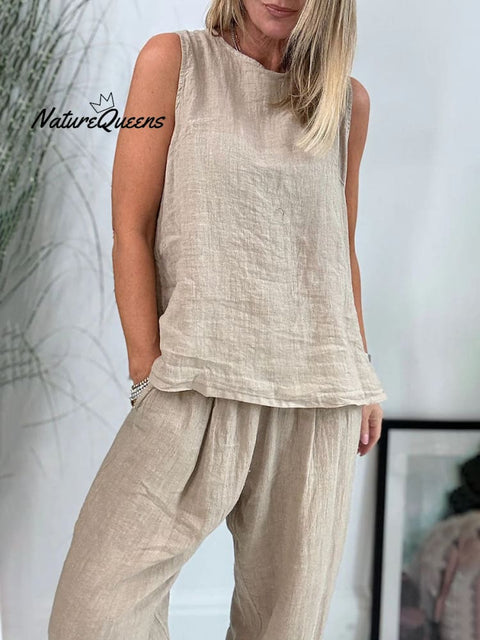 Cotton and linen sleeveless casual two-piece set