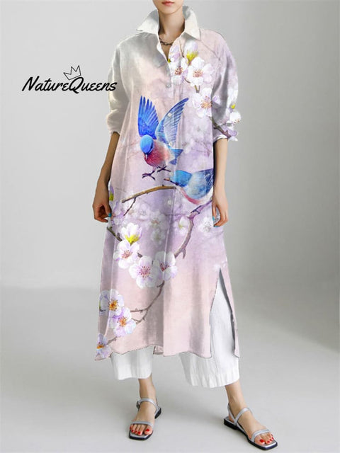 Floral Art Print Long Sleeve Slit Shirt Dress