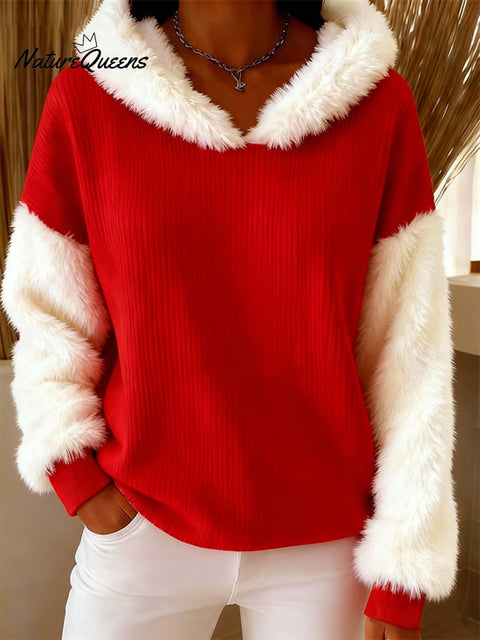Women's Christmas Plush Patchwork Hooded Sweatshirt