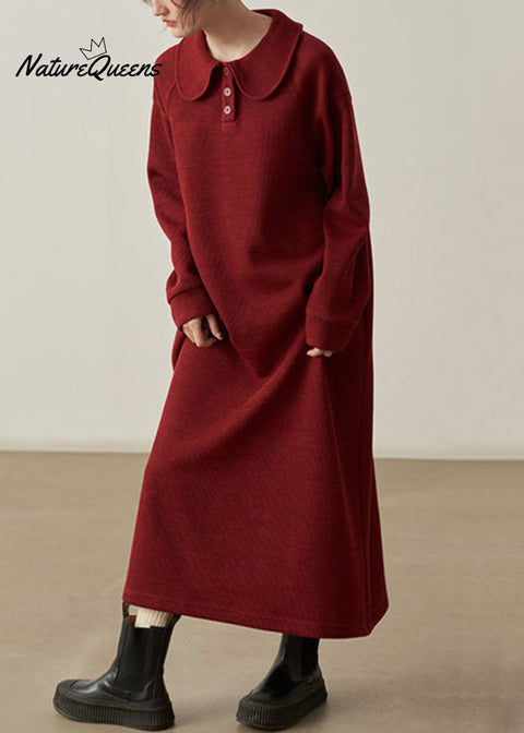 Loose Wine Red Pockets Cozy  Cotton Knit Long Dresses Fall