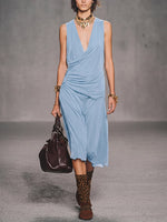 Women's Solid-color V-neck Sleeveless Loose-fit Cotton Casual Dress