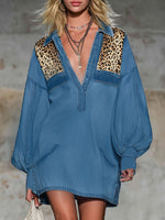 Lapel Collardenim And Leopard Print Patchwork Long-sleeved Mini Dress