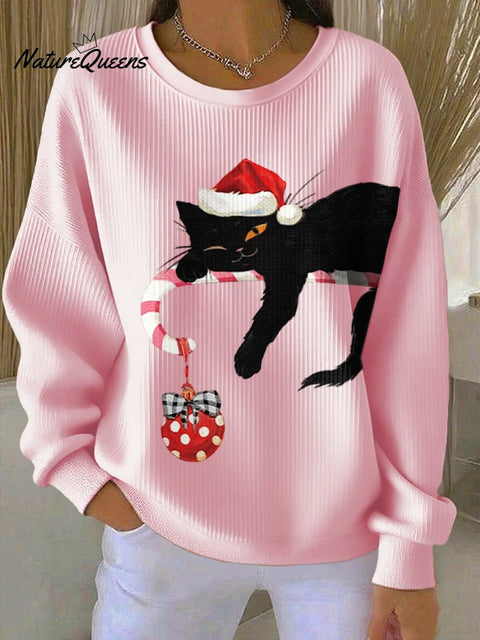 Women's Retro Christmas Cat Print Round Neck Sweatshirt