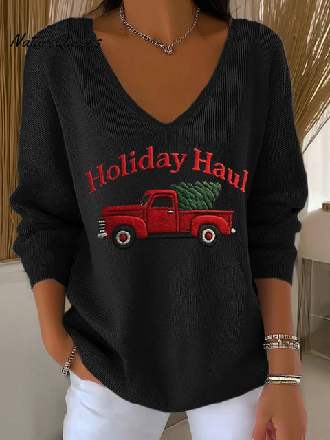 Women's Retro Red Truck Christmas Print Knit Top
