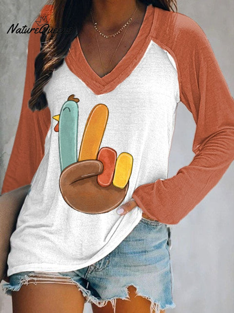 Women's Thanksgiving Peace Turkey Print Long Sleeve Top
