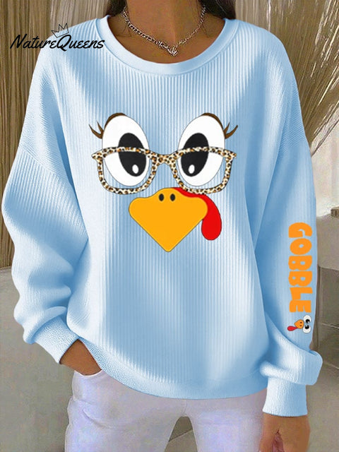 Women's Retro Thanksgiving GOBBLE Print Round Neck Sweatshirt