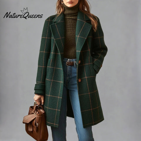 Women's Dark Green Notched Lapel Plaid Two Button Pockets Long Sleeve Mid-Length Coat