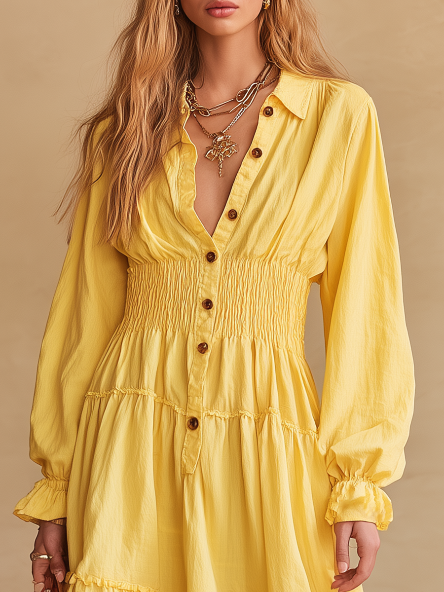 Vintage-style V-neck Ruffled Cotton And Linen Midi Dress