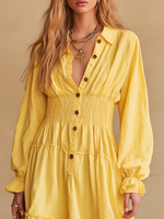 Vintage-style V-neck Ruffled Cotton And Linen Midi Dress