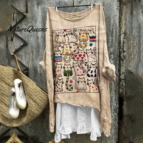 Colorful Cats Embroidered Art Linen Blend Tunic