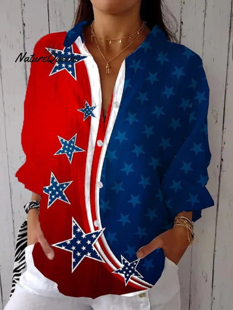 Women's Casual Cotton and Linen Independence Day Shirt