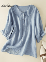 Cotton And Linen Solid Color Five-Quarter Sleeve Lapel Loose Shirt