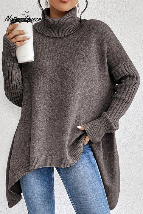 Solid Color High Collar Long Sleeve Loose Knitted Sweater