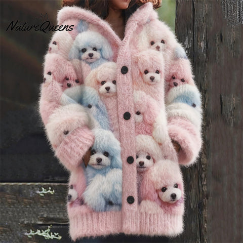 Fluffy Colorful Dogs Cozy Knit Hooded Cardigan