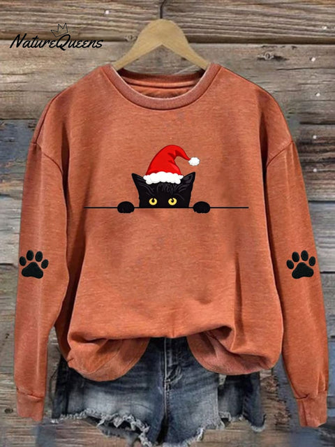 Women's Christmas Cat Printed Crew Neck Sweatshirt