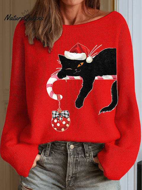 Women's Christmas Cat Print Knit Top