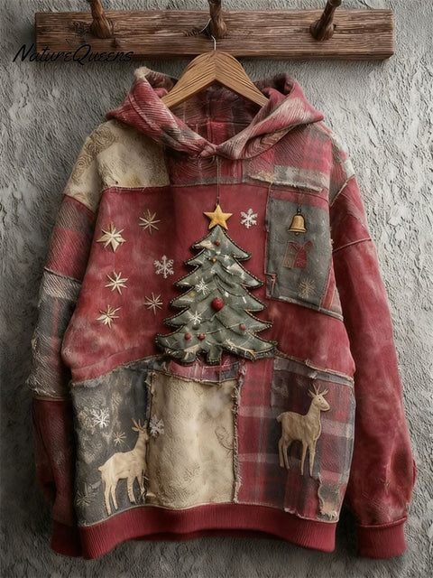 Women's Casual Retro Christmas Print Long Sleeve Hooded Sweatshirt