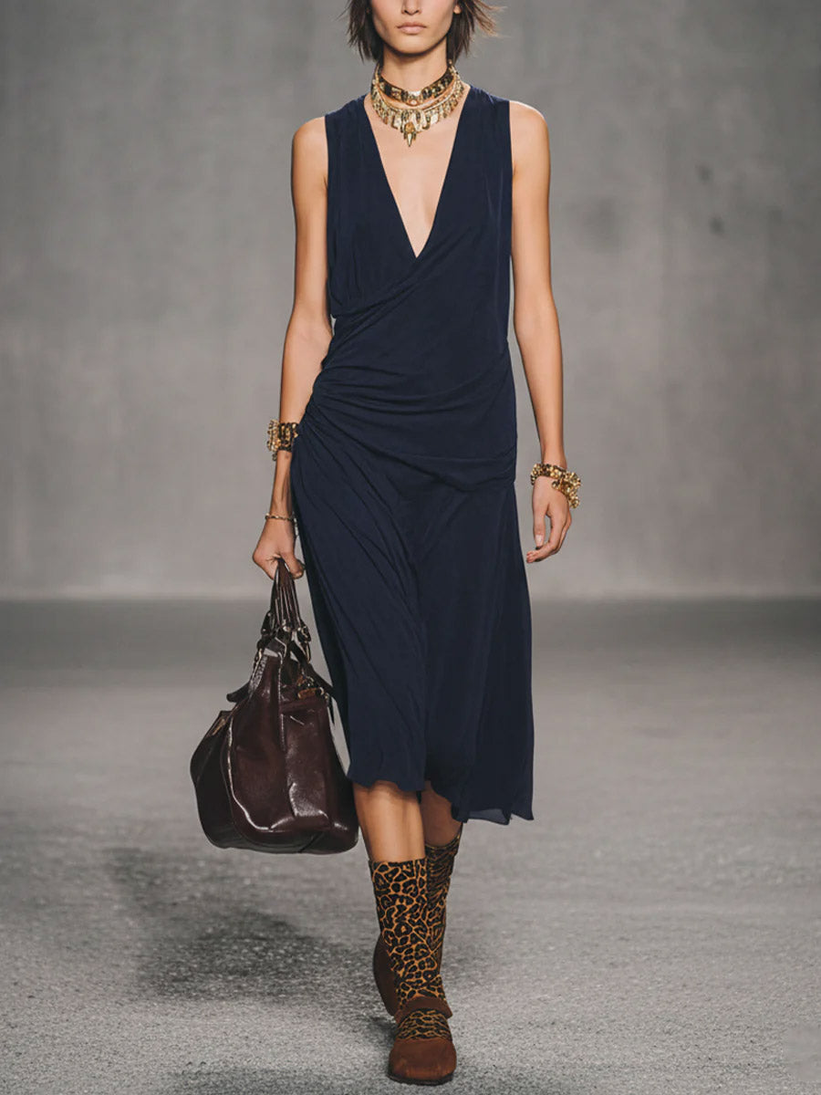Women's Solid-color V-neck Sleeveless Loose-fit Cotton Casual Dress