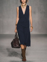 Women's Solid-color V-neck Sleeveless Loose-fit Cotton Casual Dress