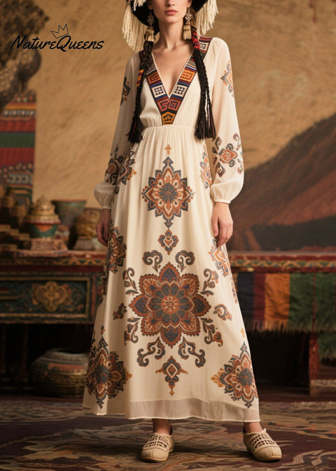 Loose White V Neck Print Chiffon Holiday Dress Fall