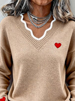 Women'S Casual V-Neck Long-Sleeved Top With A Heart Design.