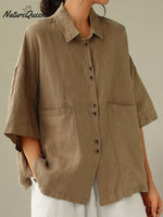 Women's Retro Lapel Solid Color Casual Cotton And Linen Shirt