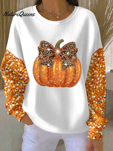 Women's Thankful Print Knitted Crew Neck Long Sleeve Top