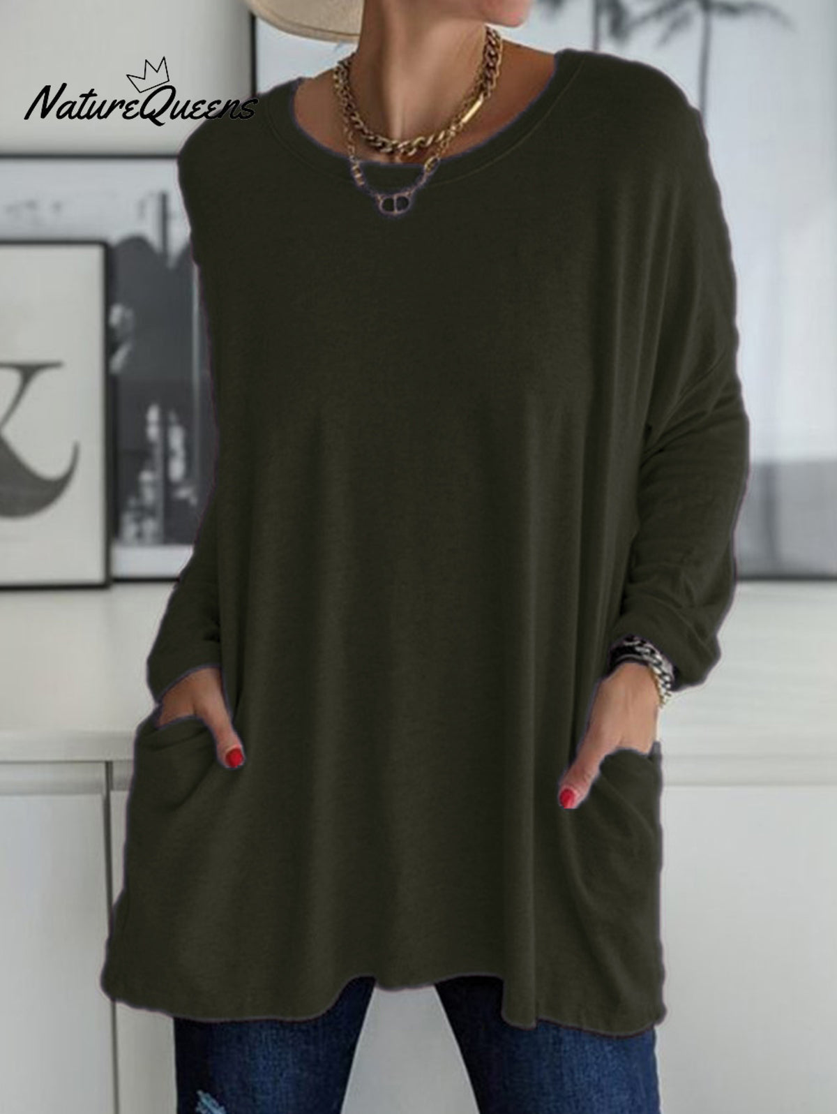 Casual Crew Neck With Pockets Loose Long Sleeve Blouse Army Green / S