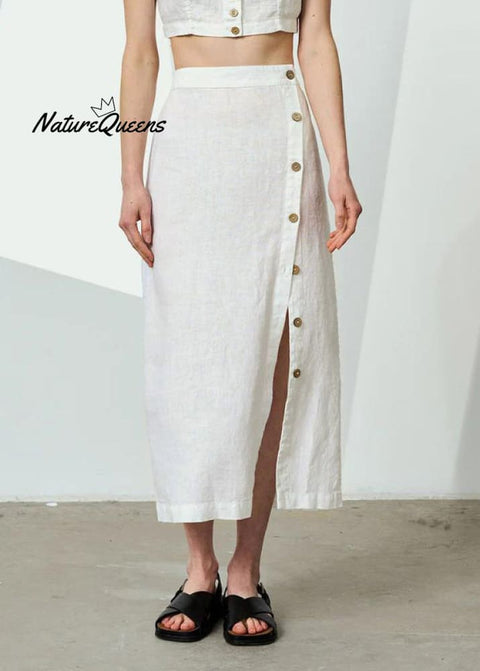 Original Design White Elastic Waist Side Open Linen Skirts Summer