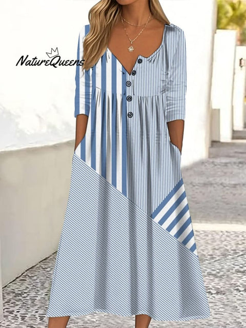 Women's Casual Button Collar Contrast Geometric Pattern Print Dress