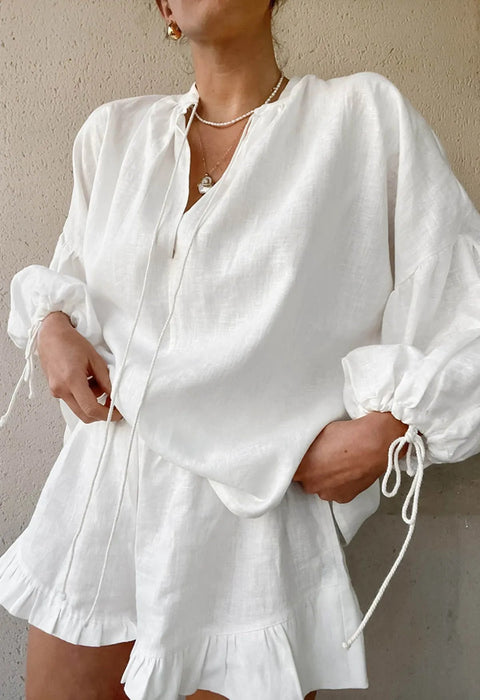 Women's Lantern Sleeve Drawstring Shirt and Shorts Set