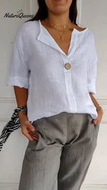 V - Neck Cotton And Linen Button Top