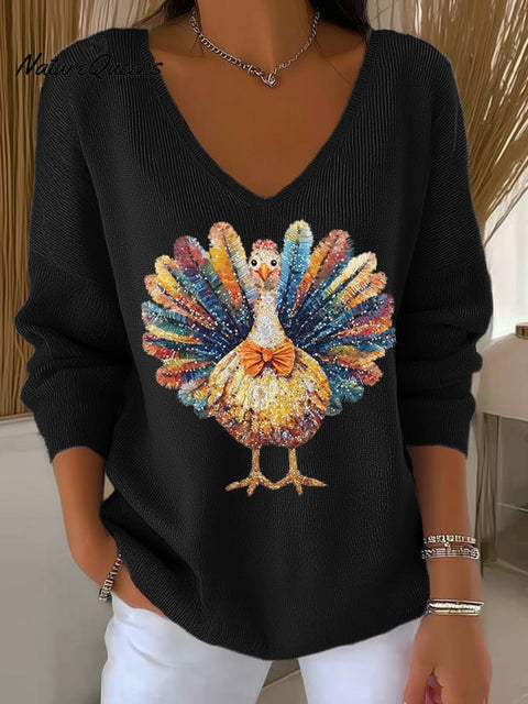 Women's Thanksgiving Turkey Print Knit Top
