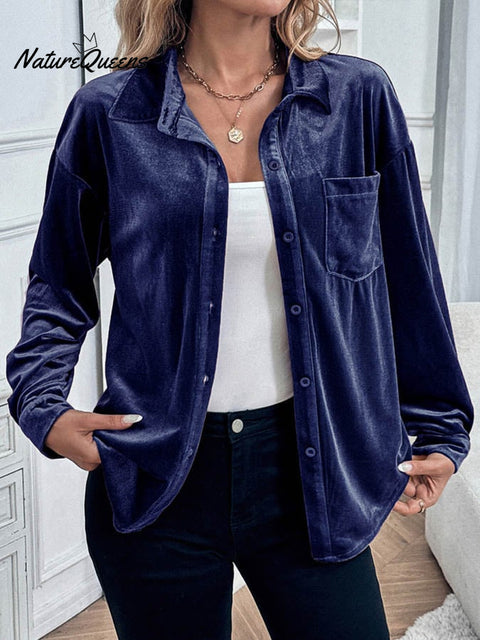 Women'S Casual Lapel Long-Sleeved Velvet Top
