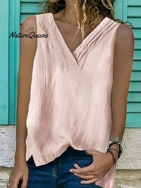 Women’s V - Neck Hem Split Sleeveless Shirt Light Pink / S