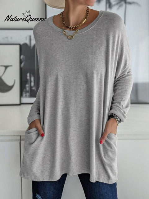 Solid Pocket Round Neck Long Sleeve T Shirt