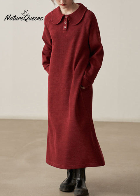 Loose Wine Red Pockets Cozy  Cotton Knit Long Dresses Fall