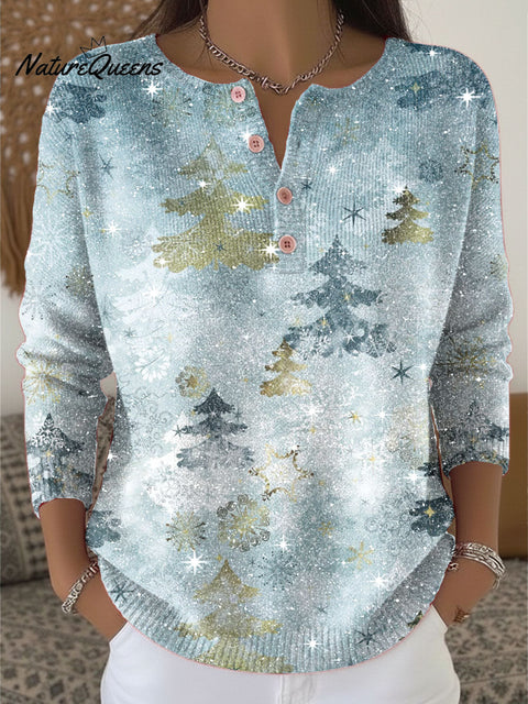 Christmas Tree Pattern Print Henley Neck Sparkling Sequin Sweater