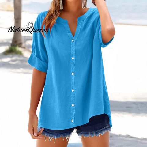 Women's Linen Casual Loose-Fit Button-Up V-Neck Shirt