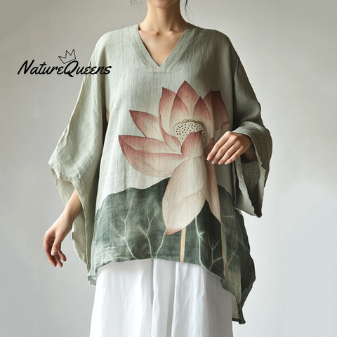 Boho Floral Lotus Print Cotton And Linen Blend Loose Blouse