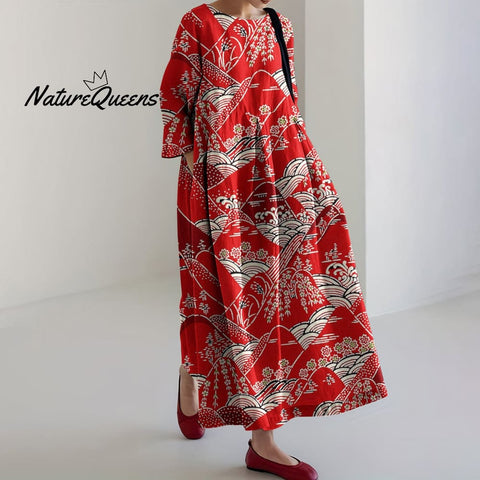 Japanese Art Print Casual Midi Dress