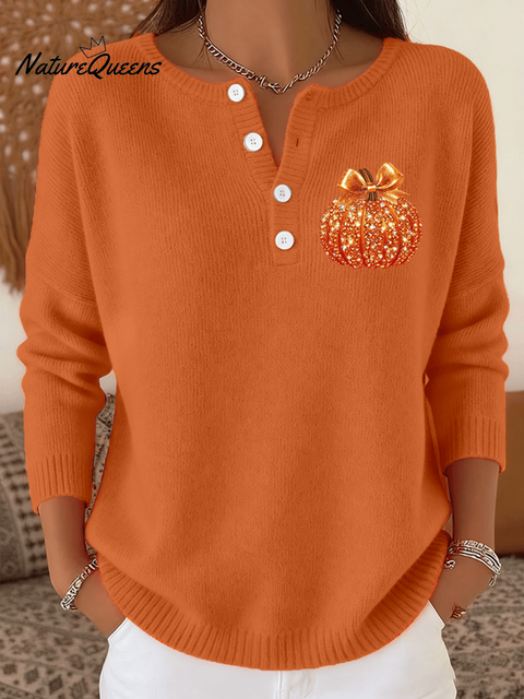 Women's Autumn Pumpkin Print Knit Button-Down Top
