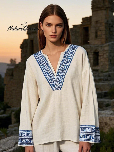 Women's Greek Geometric Art  V-neck Linen Blend Blouse