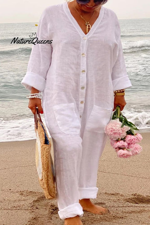Casual Vacation Solid Pocket Buckle V Neck Loose Jumpsuits