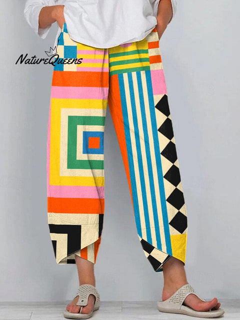 Women's Abstract Art Geometric Pattern Linen Blend Pants