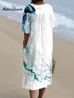 Vintage Japanese Art Jellyfish Print V-Neck Loose Holiday Dress