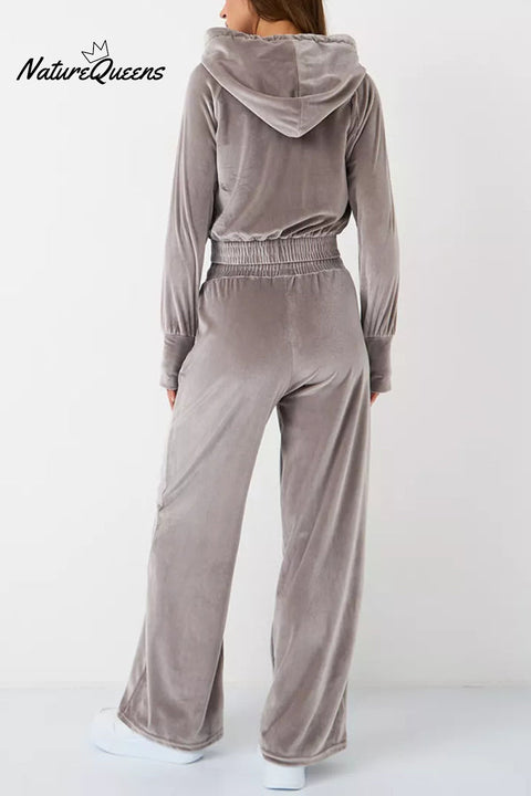 Solid Color Velvet Hooded Zip-up Sweatshirt and Elastic Waist Casual Pocket Straight-leg Pants Set